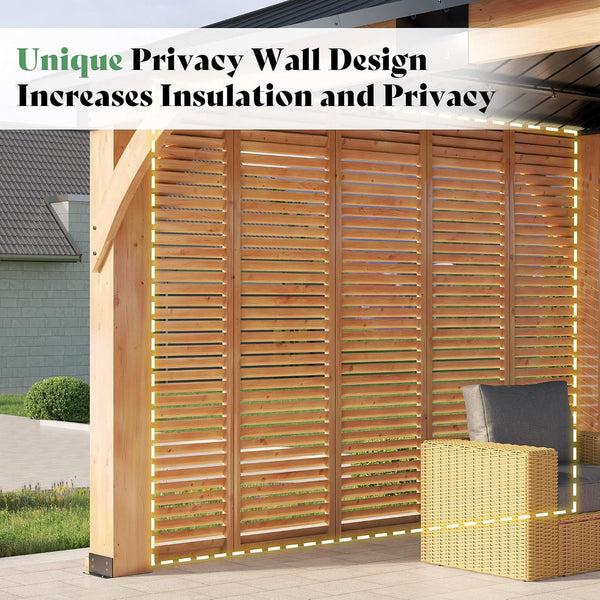 12' x 14' Modern Spruce Wood Gazebo with Double-Tier Steel Hardtop Roof & Privacy Wall