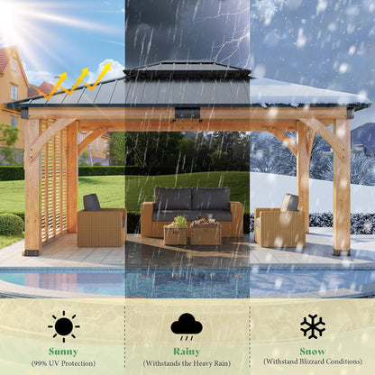 12' x 14' Modern Spruce Wood Gazebo with Double-Tier Steel Hardtop Roof & Privacy Wall