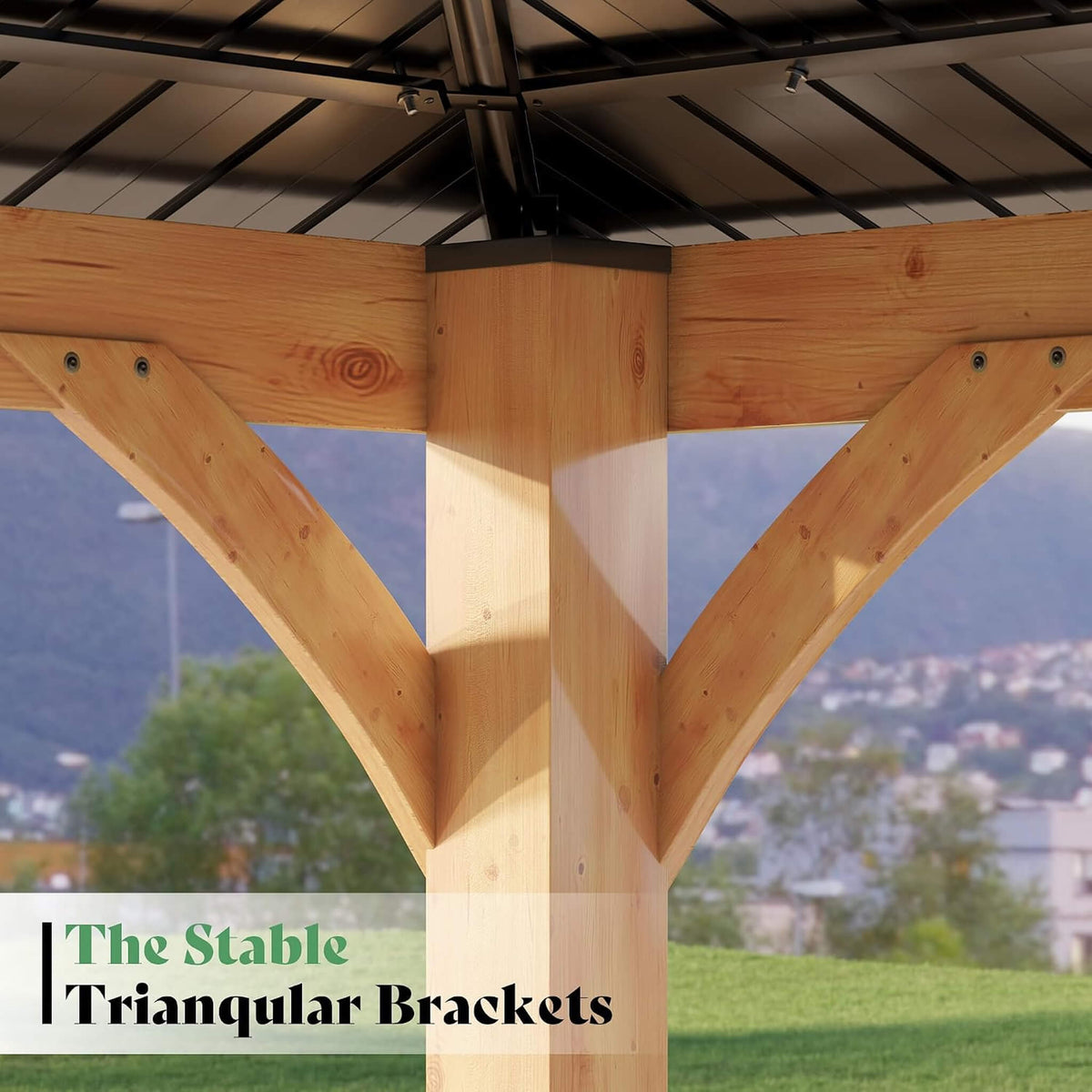 12' x 14' Modern Spruce Wood Gazebo with Double-Tier Steel Hardtop Roof & Privacy Wall