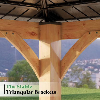 12' x 14' Modern Spruce Wood Gazebo with Double-Tier Steel Hardtop Roof & Privacy Wall