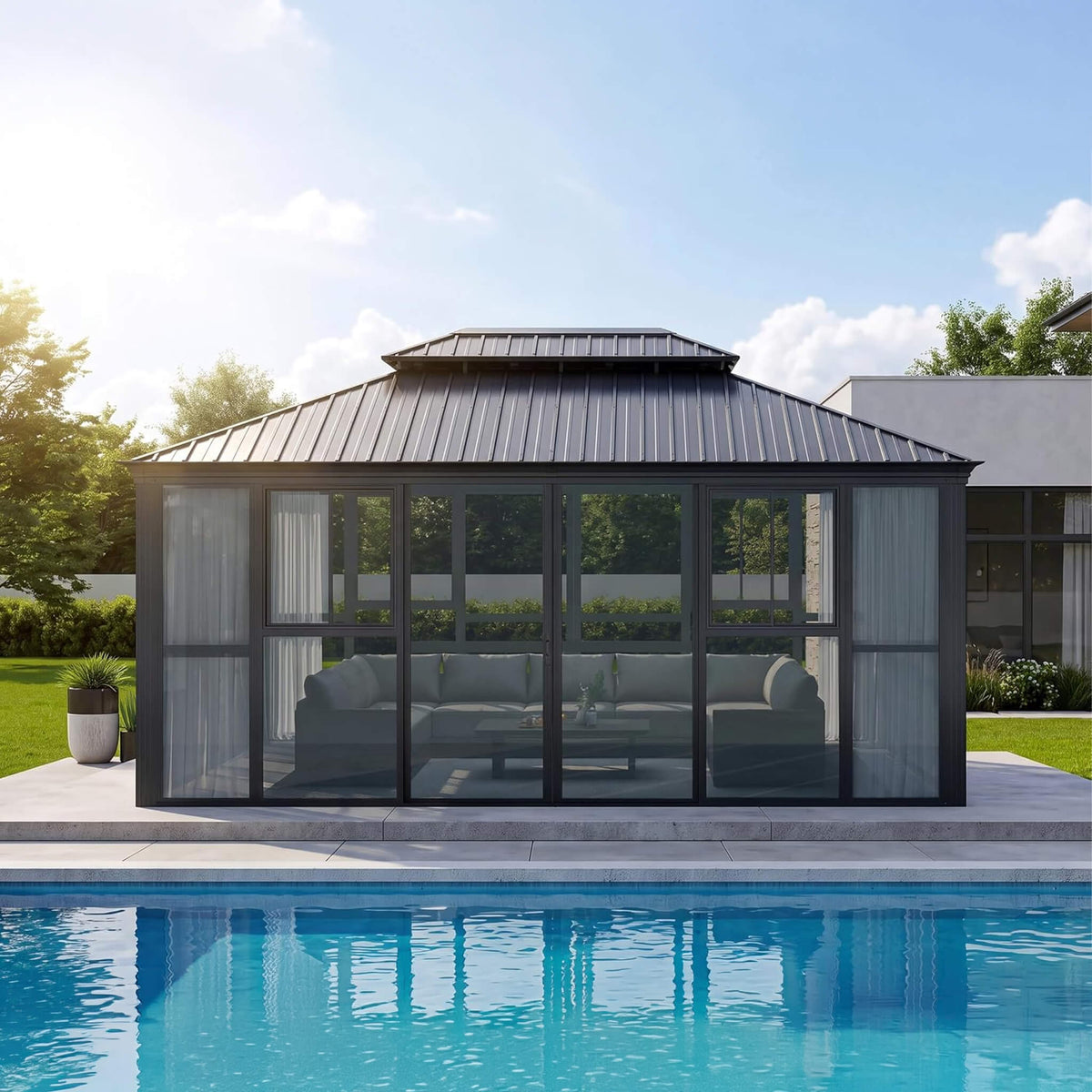 Vue 12' x 16' Extra-Large Panoramic Outdoor Solarium with Windows & Sliding Doors