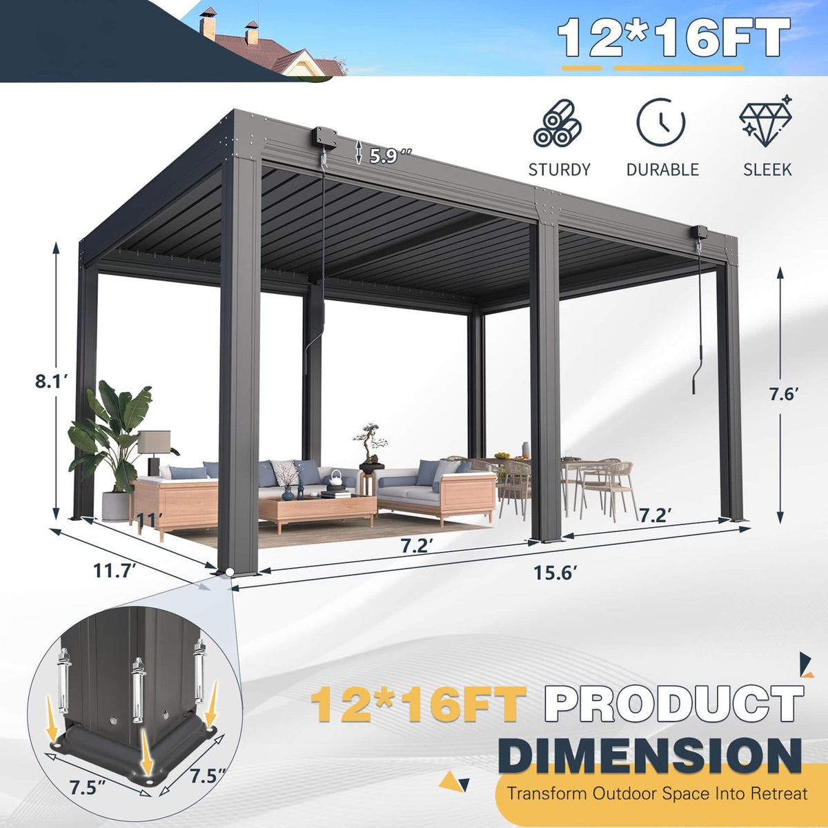 Louvered Aluminum Pergola with Adjustable Roof and Pull-Down Screens