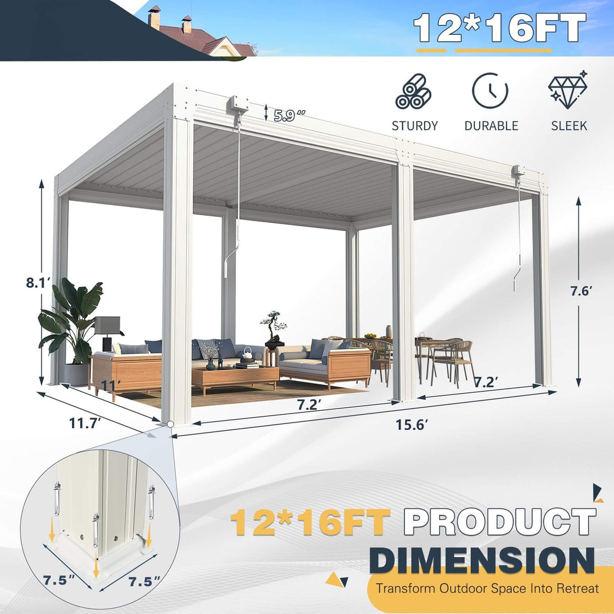 Louvered Aluminum Pergola with Adjustable Roof and Pull-Down Screens
