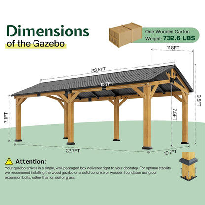 12' x 24' Cedar Wood Hardtop Gazebo with Galvanized Steel Roof & Drainage System