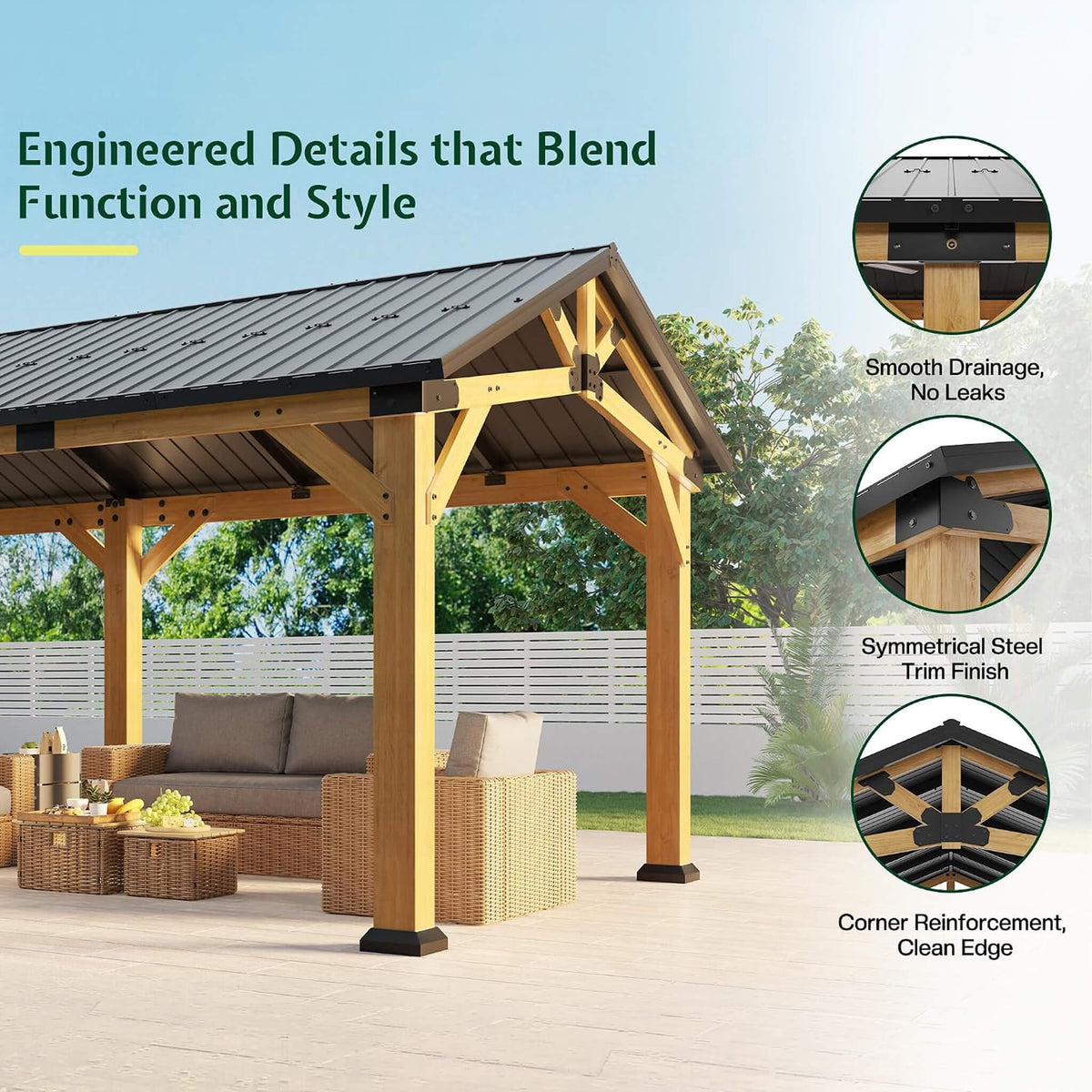 12' x 24' Cedar Wood Hardtop Gazebo with Galvanized Steel Roof & Drainage System