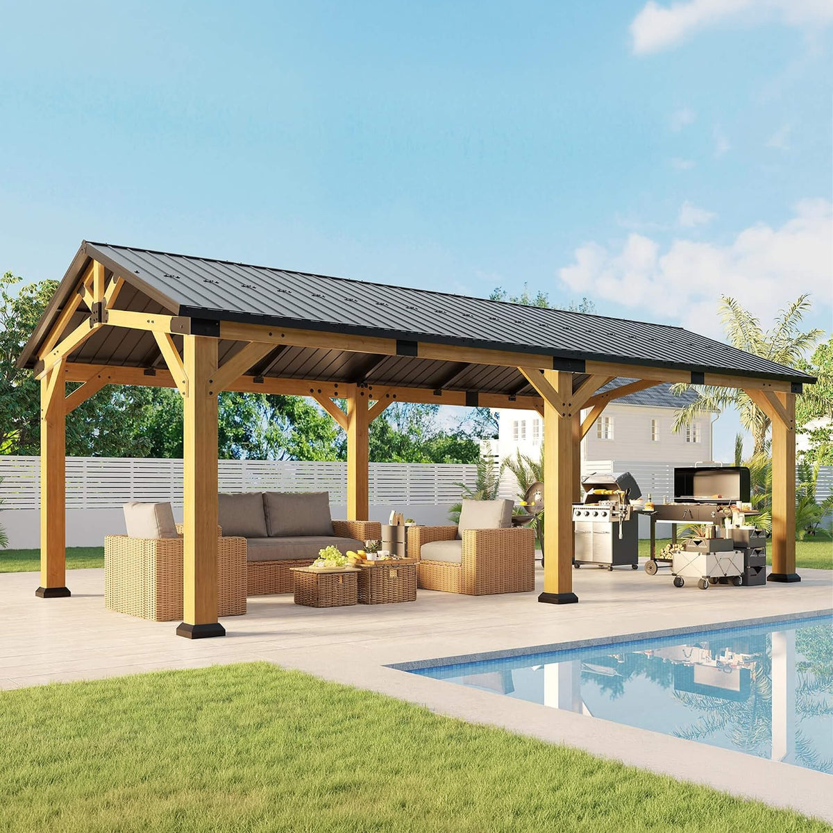 12' x 24' Cedar Wood Hardtop Gazebo with Galvanized Steel Roof & Drainage System