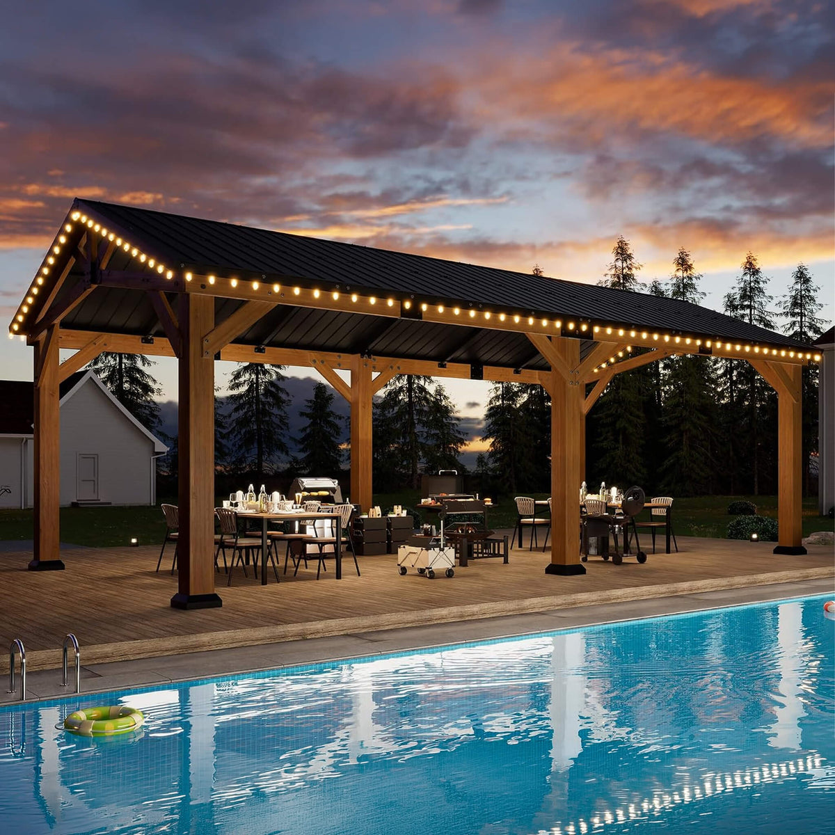12' x 24' Cedar Wood Hardtop Gazebo with Galvanized Steel Roof & Drainage System
