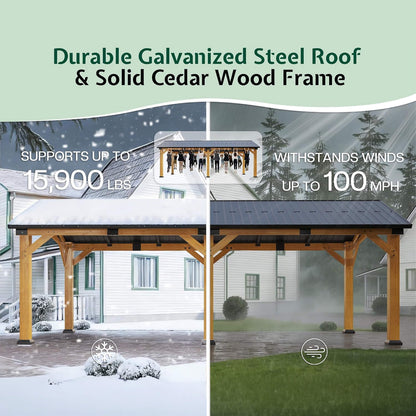 12' x 24' Cedar Wood Hardtop Gazebo with Galvanized Steel Roof & Drainage System