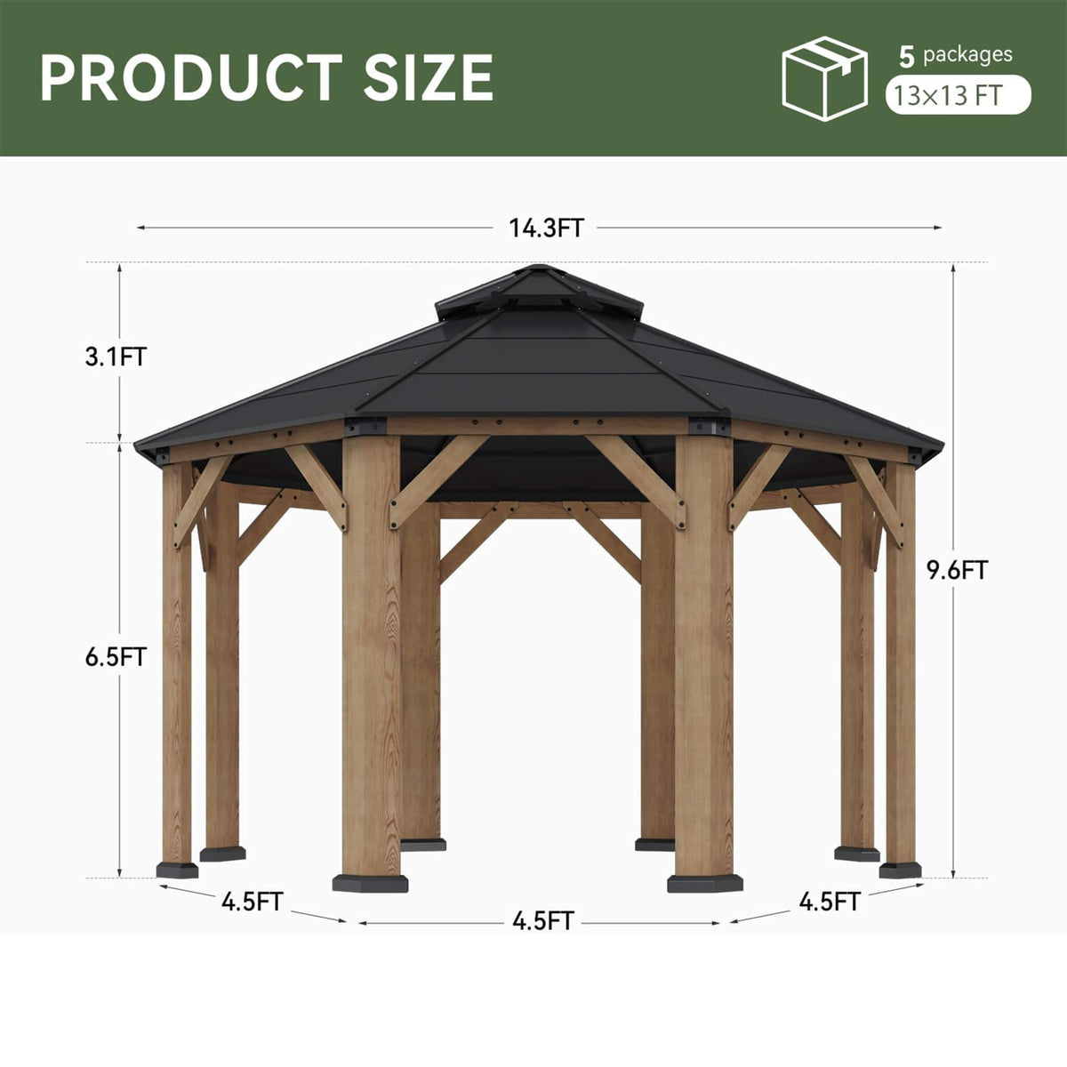 13x13 Ft Cedar Wood Octagonal Hardtop Gazebo with Galvanized Steel Double Roof