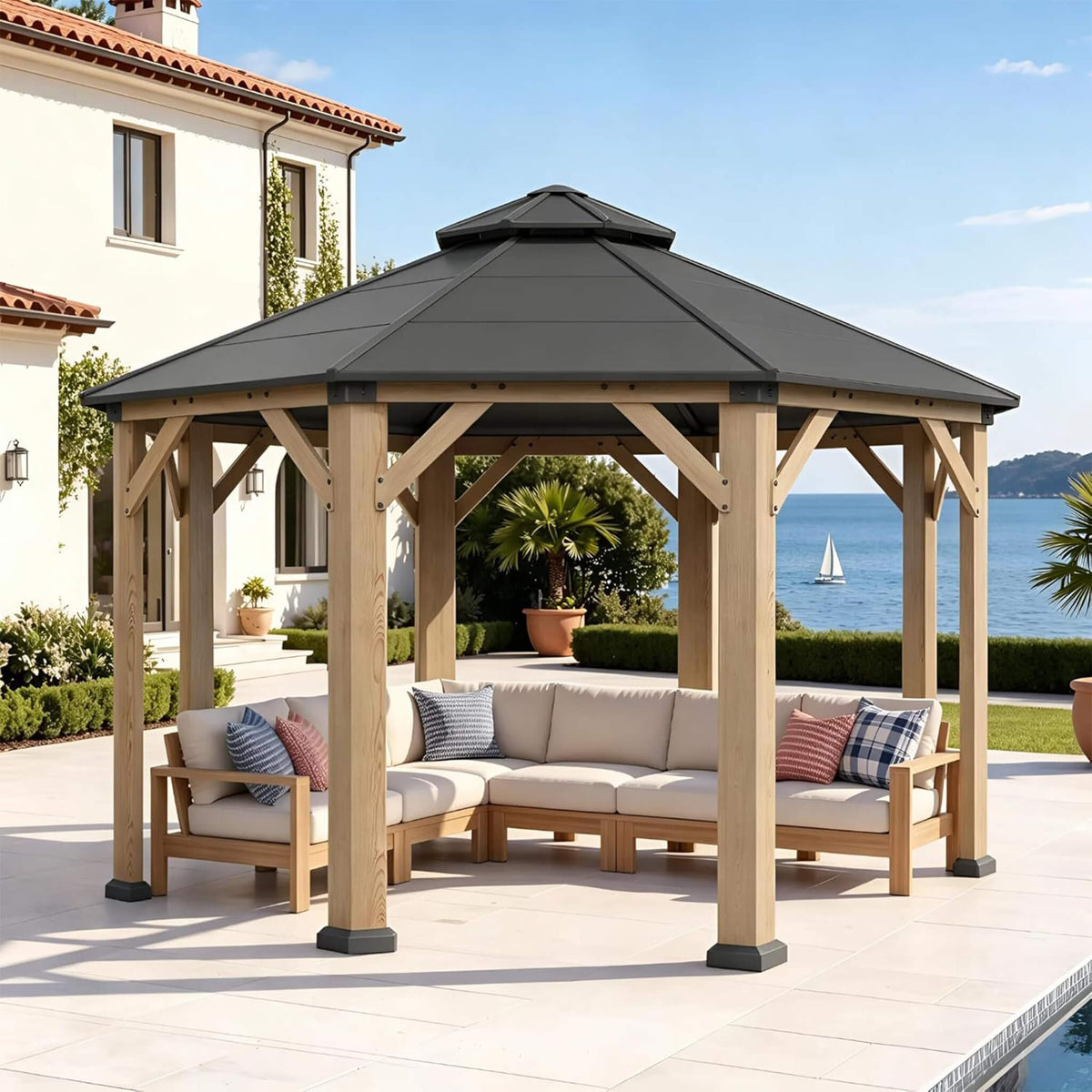 13x13 Ft Cedar Wood Octagonal Hardtop Gazebo with Galvanized Steel Double Roof