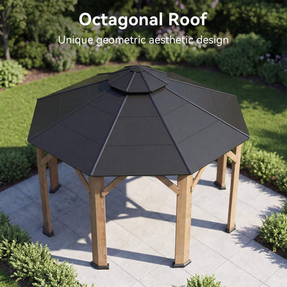 13x13 Ft Cedar Wood Octagonal Hardtop Gazebo with Galvanized Steel Double Roof