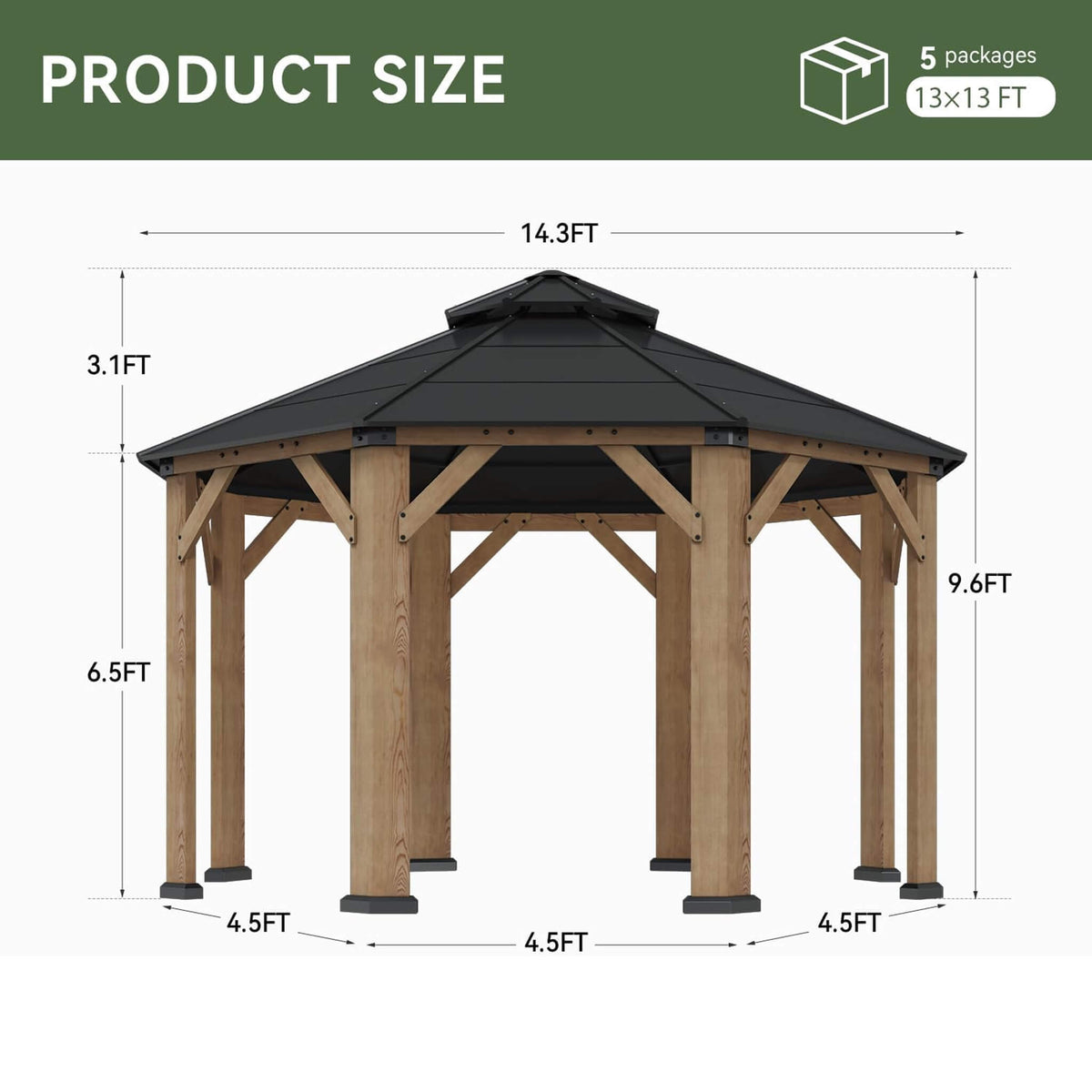 13x13 Ft All-Weather Octagonal Cedar Wood Gazebo with Double Hardtop Roof