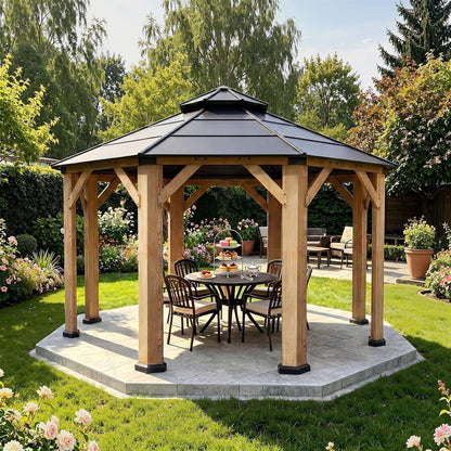 13x13 Ft All-Weather Octagonal Cedar Wood Gazebo with Double Hardtop Roof