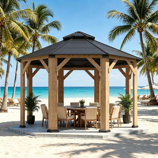 13x13 Ft All-Weather Octagonal Cedar Wood Gazebo with Double Hardtop Roof