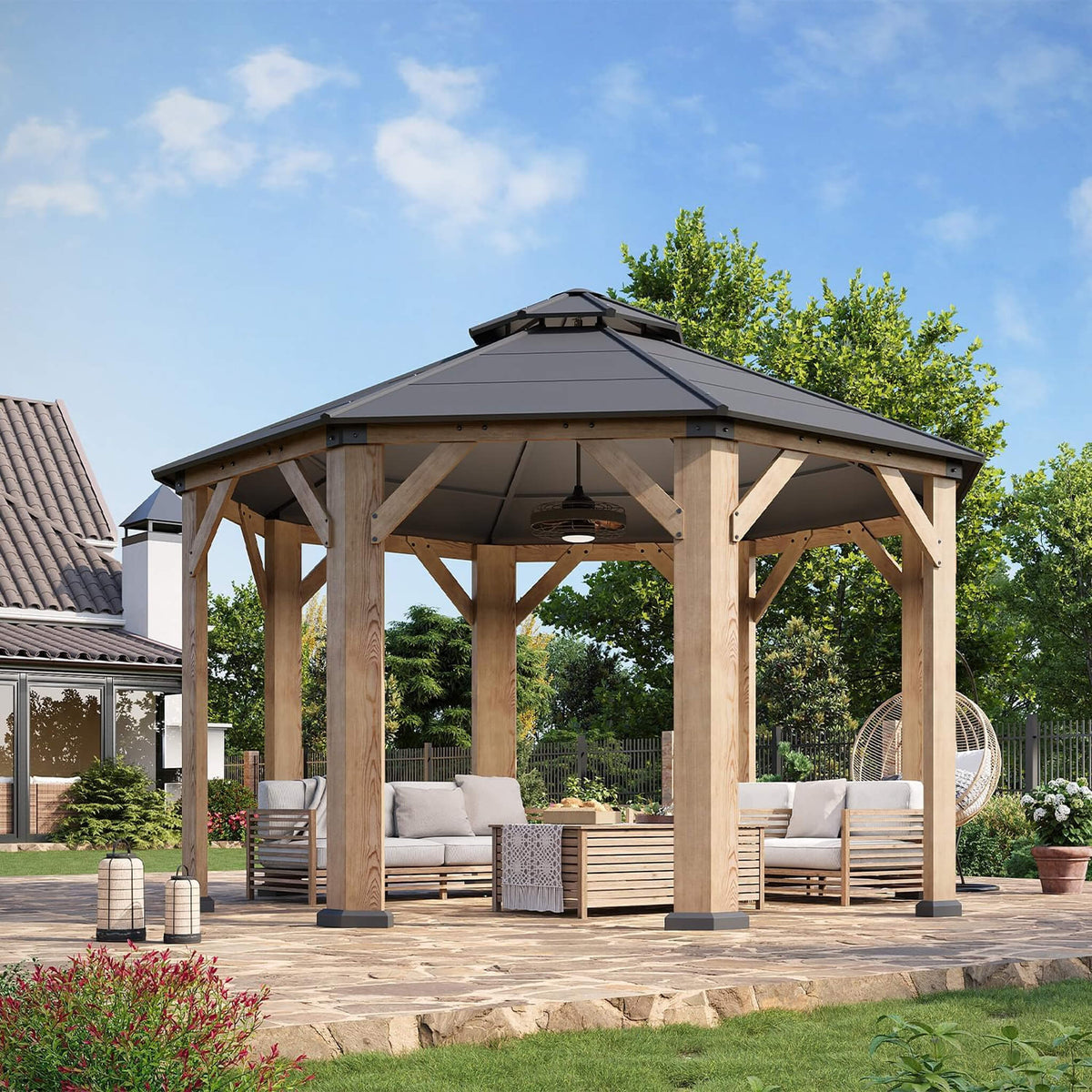 13x13 Ft All-Weather Octagonal Cedar Wood Gazebo with Double Hardtop Roof