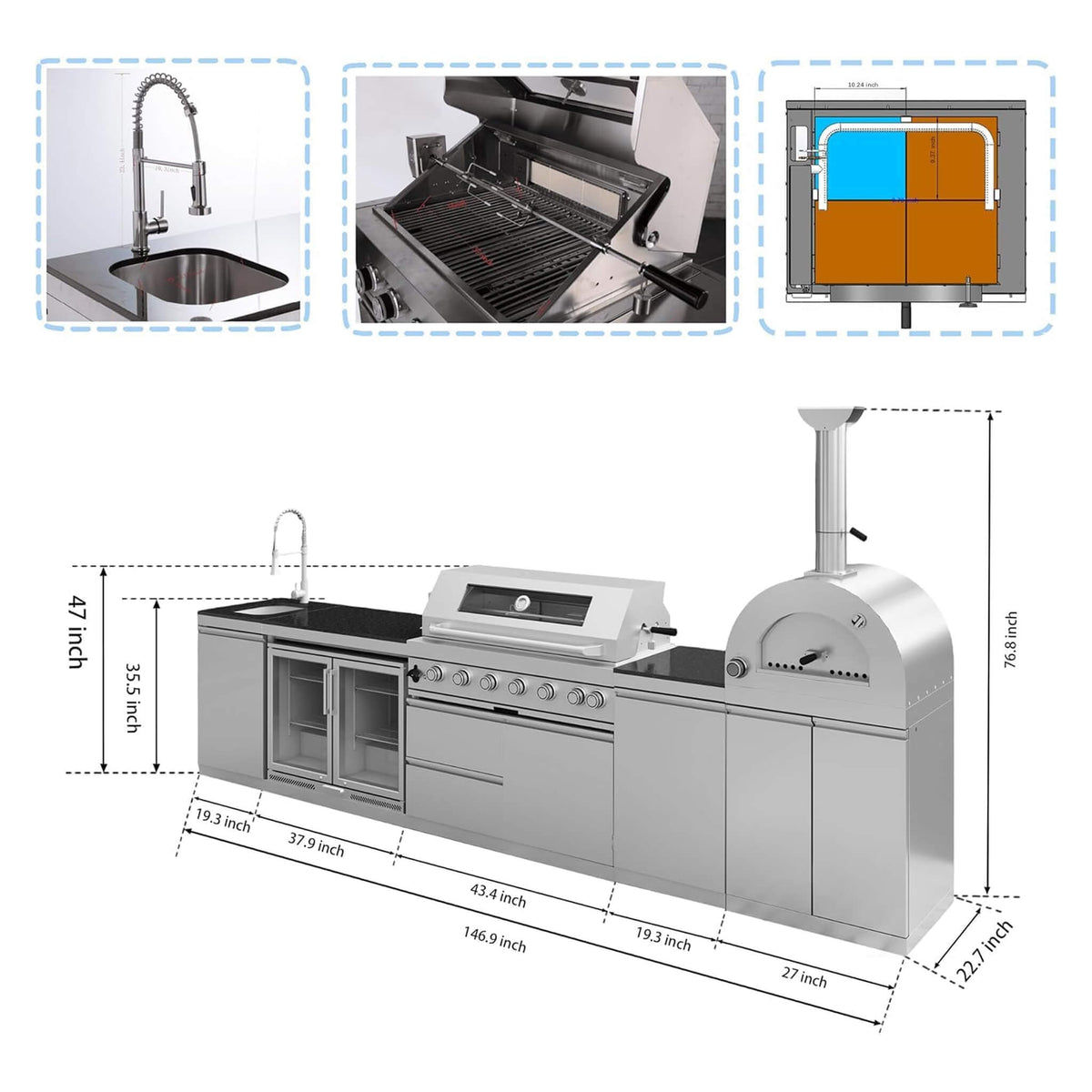 147-inch 6-Burner Outdoor Kitchen Island with Pizza Oven, Rotisserie & Refrigerator