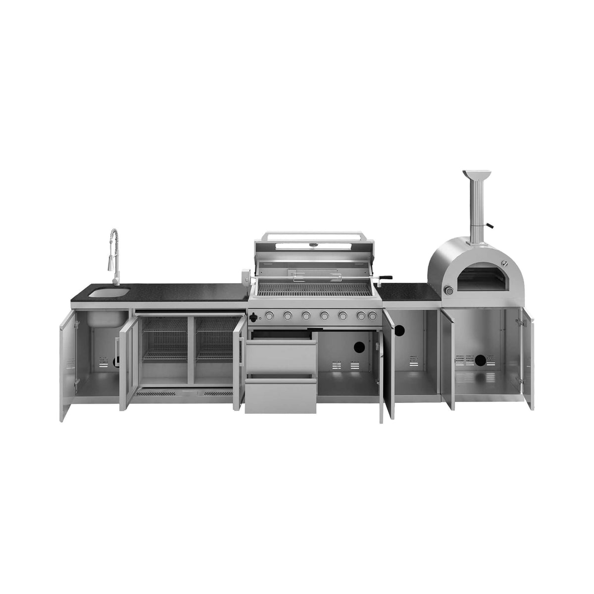 147-inch 6-Burner Outdoor Kitchen Island with Pizza Oven, Rotisserie & Refrigerator