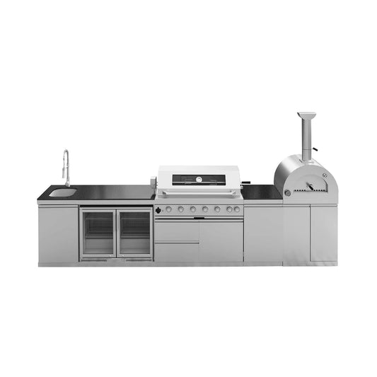 147-inch 6-Burner Outdoor Kitchen Island with Pizza Oven, Rotisserie & Refrigerator