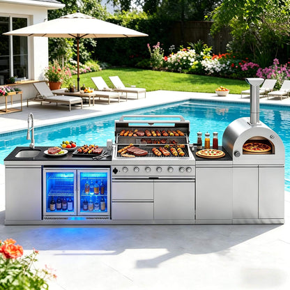 147-inch 6-Burner Outdoor Kitchen Island with Pizza Oven, Rotisserie & Refrigerator