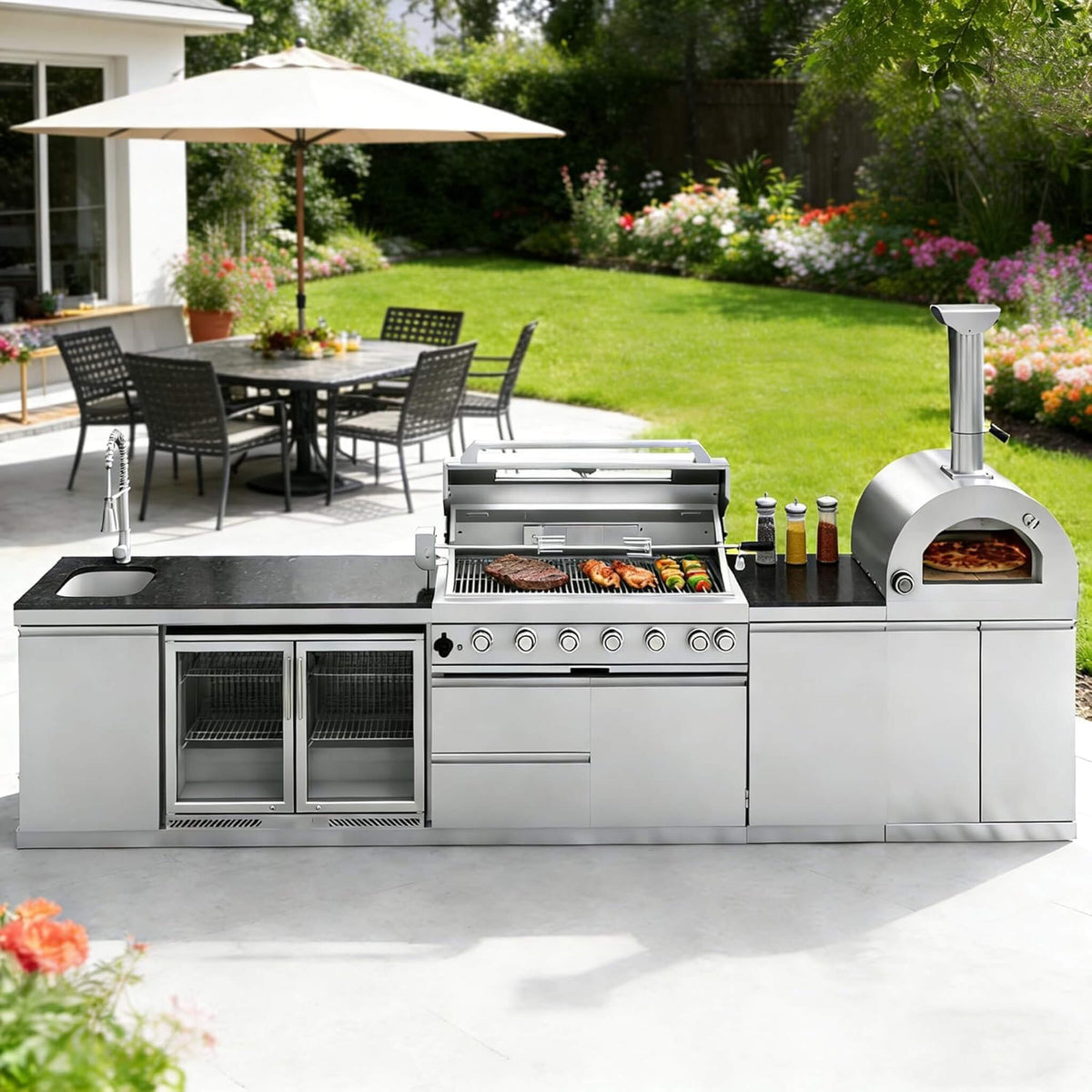 147-inch 6-Burner Outdoor Kitchen Island with Pizza Oven, Rotisserie & Refrigerator