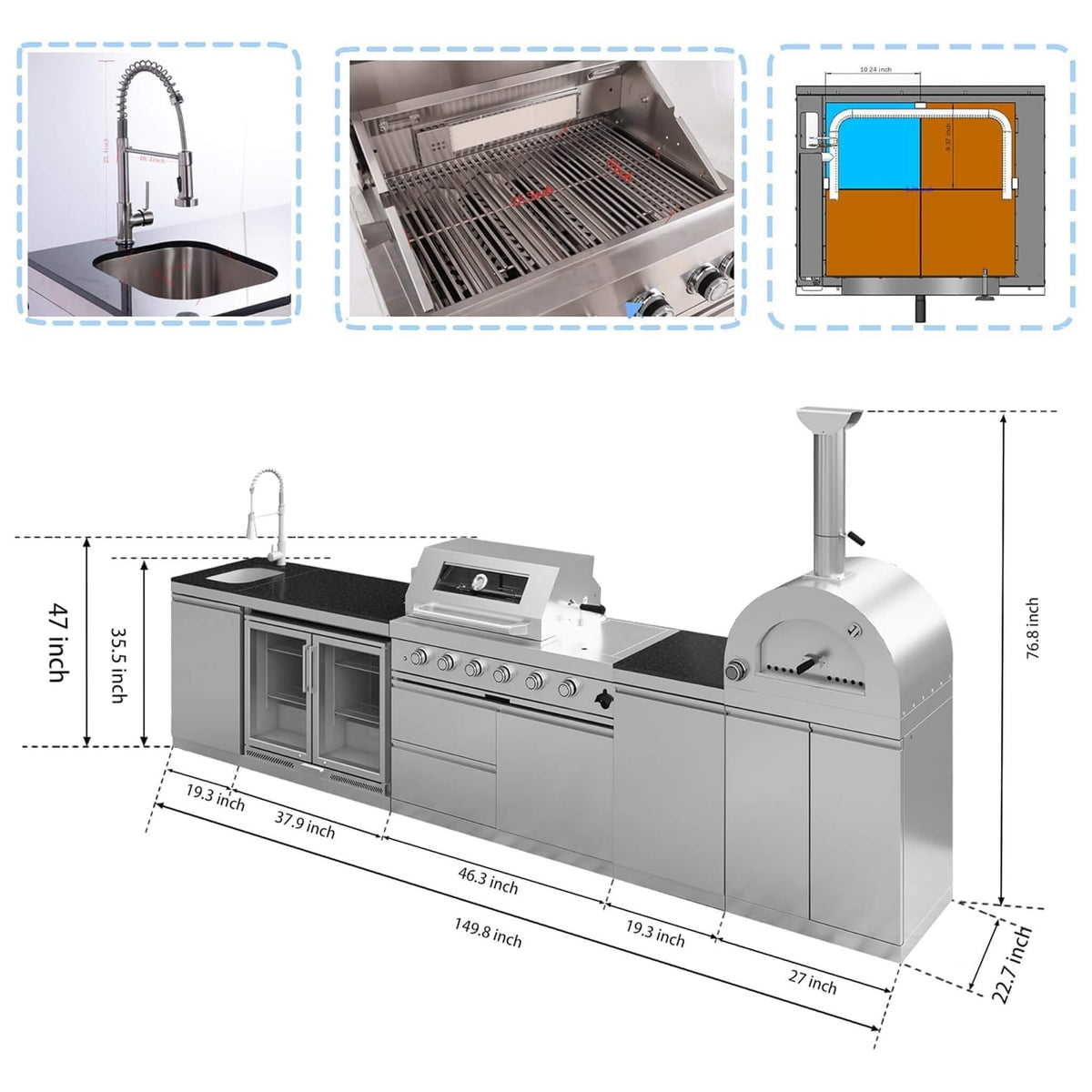 150-Inch 4-Burner Outdoor Kitchen Island with Pizza Oven, Rotisserie, 68L Wine Cooler and Granite Countertops