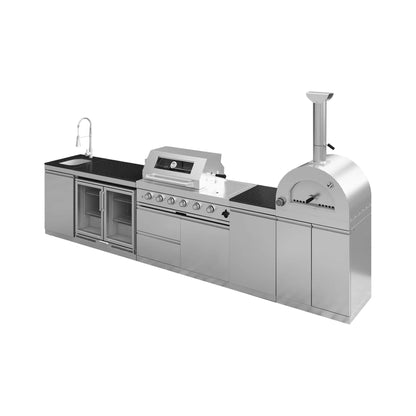 150-Inch 4-Burner Outdoor Kitchen Island with Pizza Oven, Rotisserie, 68L Wine Cooler and Granite Countertops