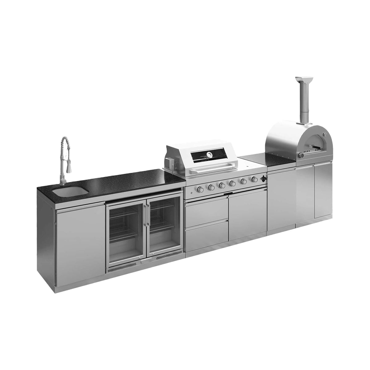 150-Inch 4-Burner Outdoor Kitchen Island with Pizza Oven, Rotisserie, 68L Wine Cooler and Granite Countertops