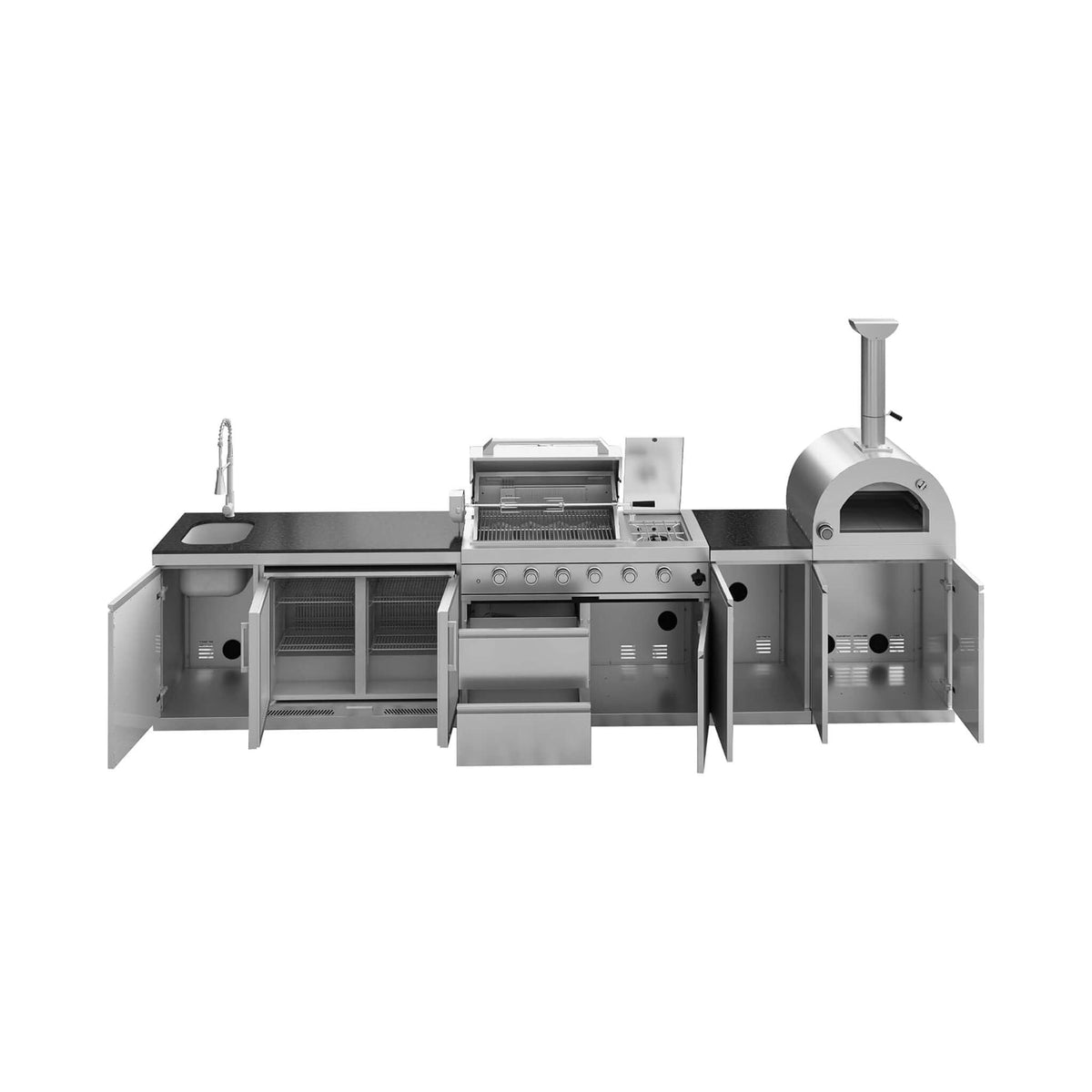 150-Inch 4-Burner Outdoor Kitchen Island with Pizza Oven, Rotisserie, 68L Wine Cooler and Granite Countertops