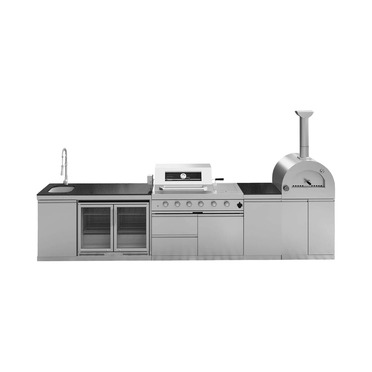 150-Inch 4-Burner Outdoor Kitchen Island with Pizza Oven, Rotisserie, 68L Wine Cooler and Granite Countertops