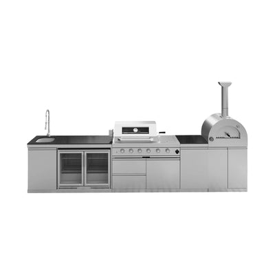 150-Inch 4-Burner Outdoor Kitchen Island with Pizza Oven, Rotisserie, 68L Wine Cooler and Granite Countertops
