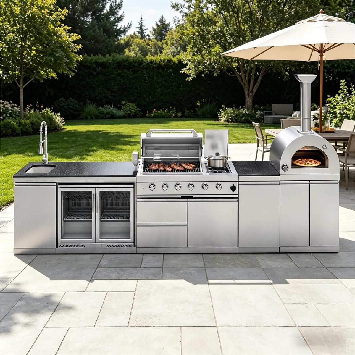 150-Inch 4-Burner Outdoor Kitchen Island with Pizza Oven, Rotisserie, 68L Wine Cooler and Granite Countertops