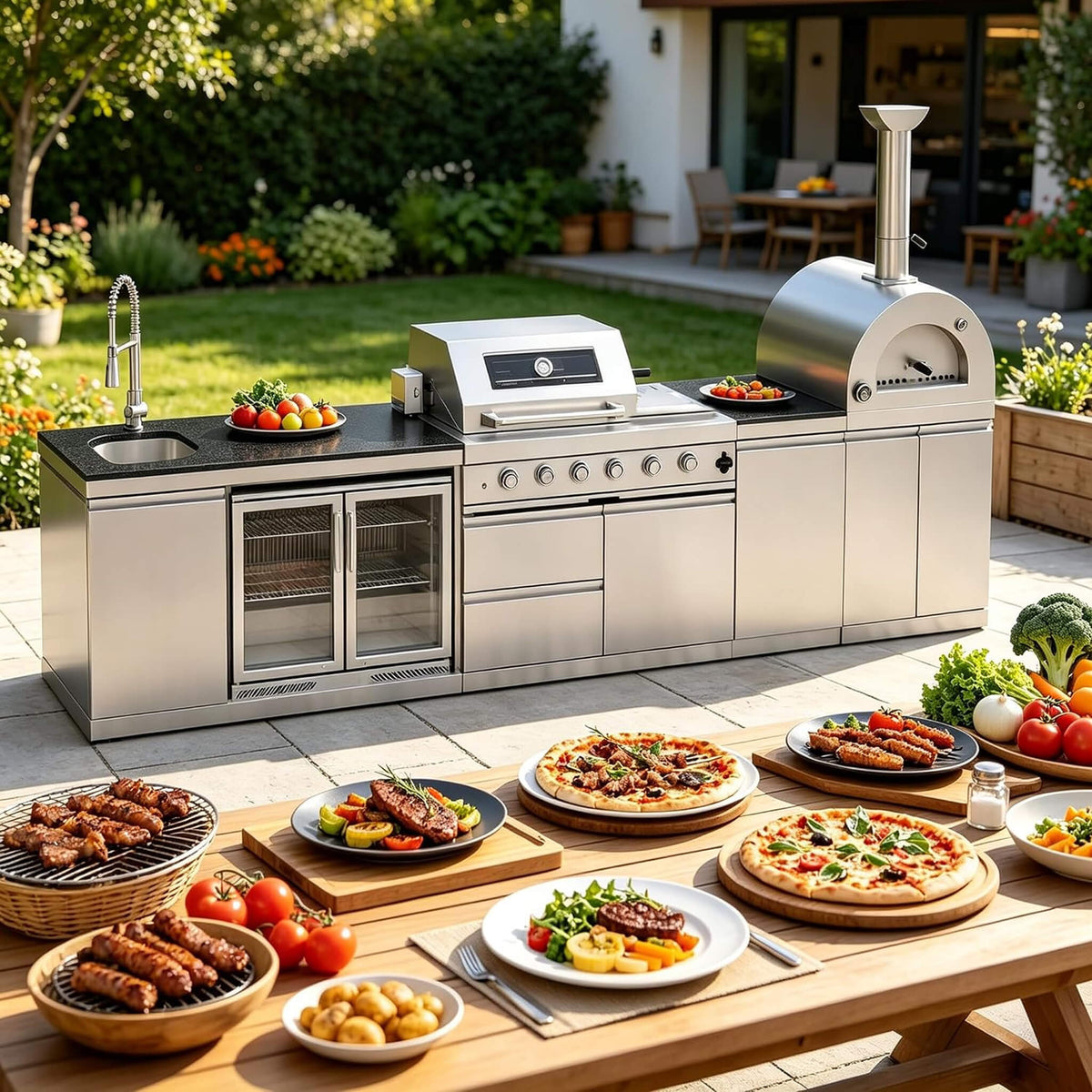 150-Inch 4-Burner Outdoor Kitchen Island with Pizza Oven, Rotisserie, 68L Wine Cooler and Granite Countertops