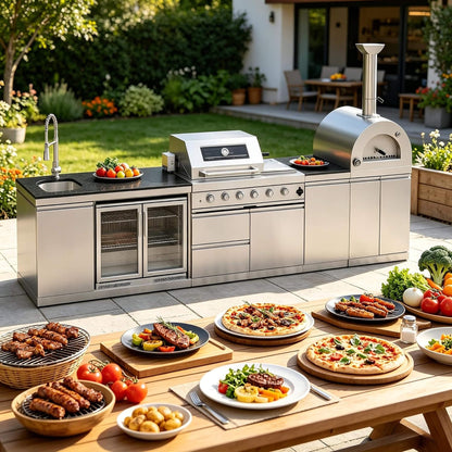 150-Inch 4-Burner Outdoor Kitchen Island with Pizza Oven, Rotisserie, 68L Wine Cooler and Granite Countertops