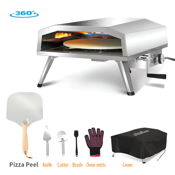 16" Stainless Steel Outdoor Propane Pizza Oven with 360° Rotating Pizza Stone – 19,100 BTU