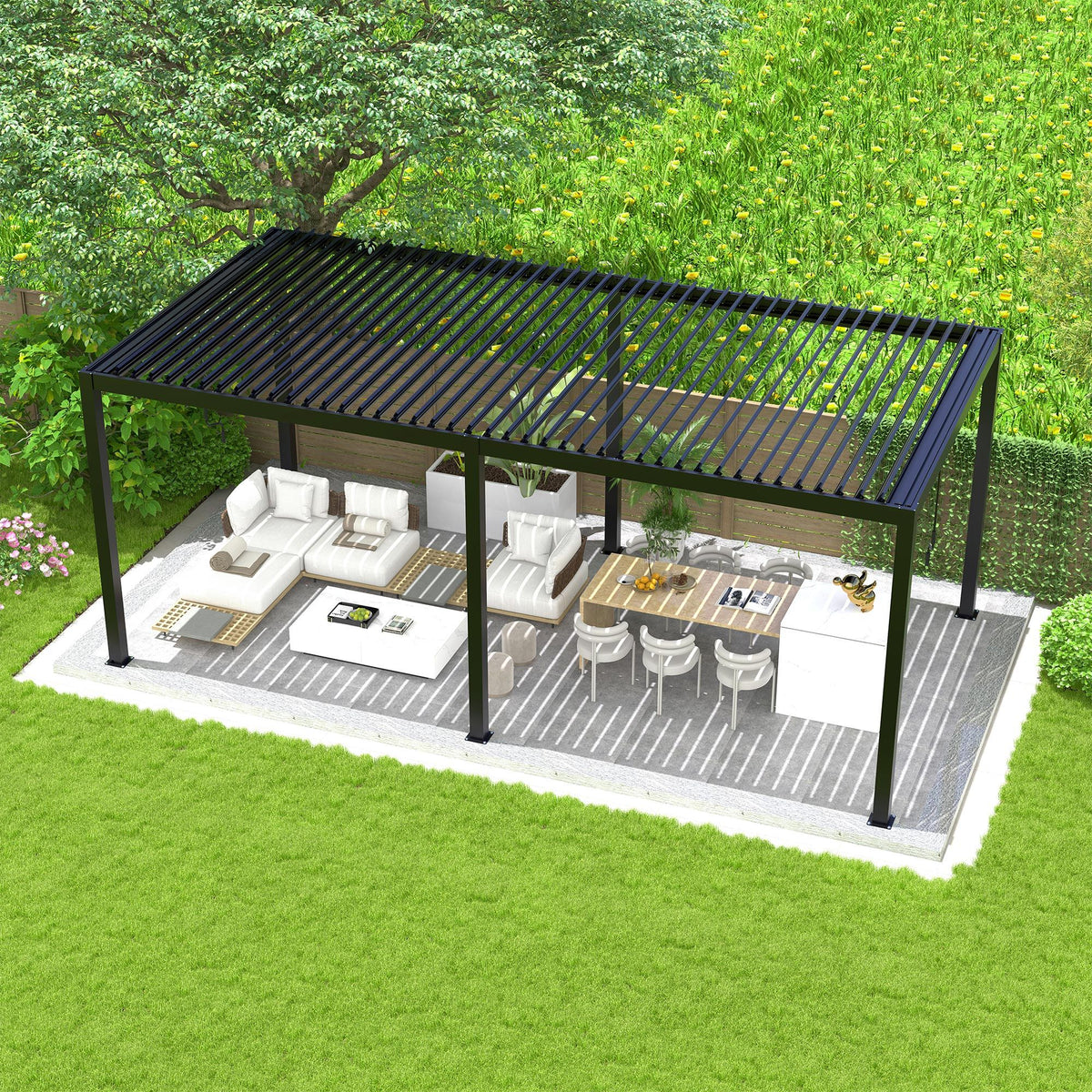 Black Louvered Pergola with Adjustable Roof, Integrated Drainage and Powder-Coated Aluminum Frame – 228 x 118 Inches