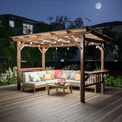 13' x 6.5' Wooden Outdoor Grill Gazebo Pergola with Metal Roof, Bulbs and Bar Counters – Brown