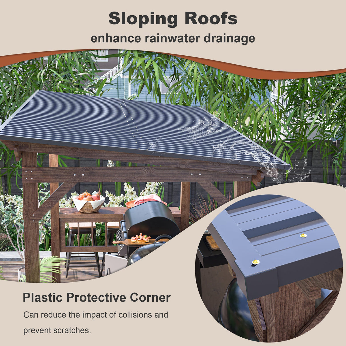 13' x 6.5' Wooden Outdoor Grill Gazebo Pergola with Metal Roof, Bulbs and Bar Counters – Brown