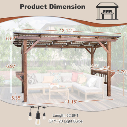 13' x 6.5' Wooden Outdoor Grill Gazebo Pergola with Metal Roof, Bulbs and Bar Counters – Brown