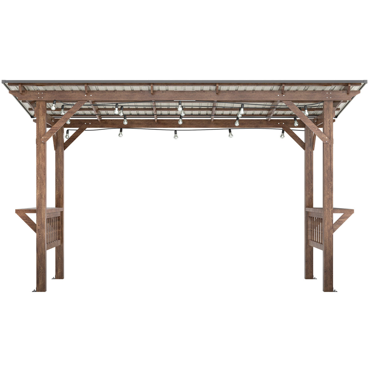 13' x 6.5' Wooden Outdoor Grill Gazebo Pergola with Metal Roof, Bulbs and Bar Counters – Brown