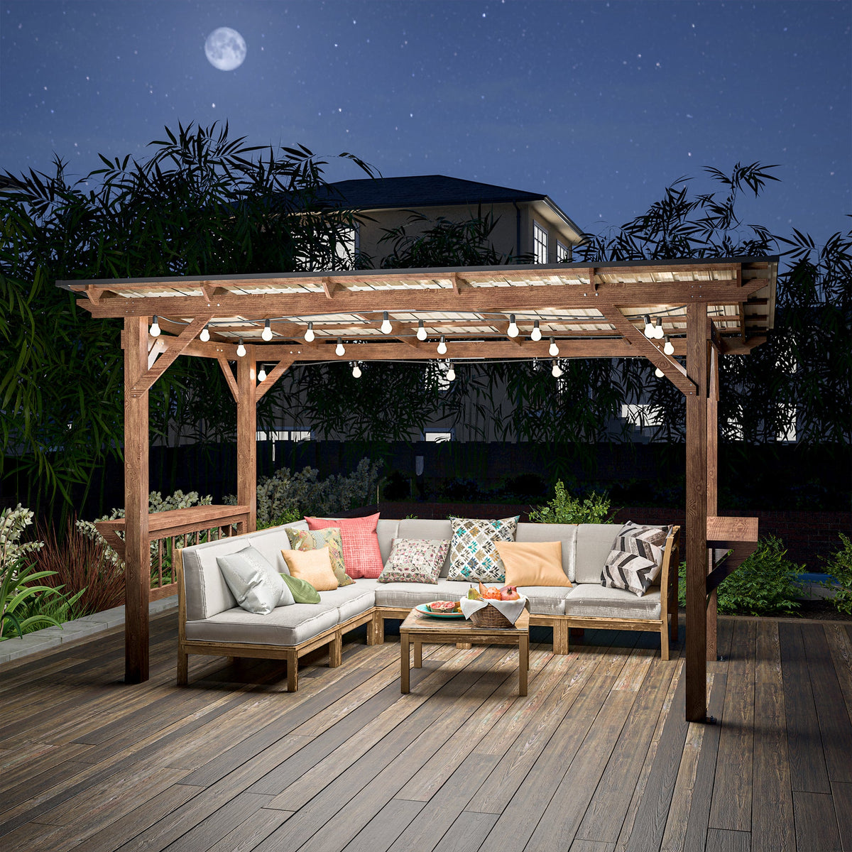 13' x 6.5' Wooden Outdoor Grill Gazebo Pergola with Metal Roof, Bulbs and Bar Counters – Brown