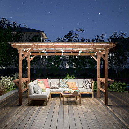13' x 6.5' Wooden Outdoor Grill Gazebo Pergola with Metal Roof, Bulbs and Bar Counters – Brown