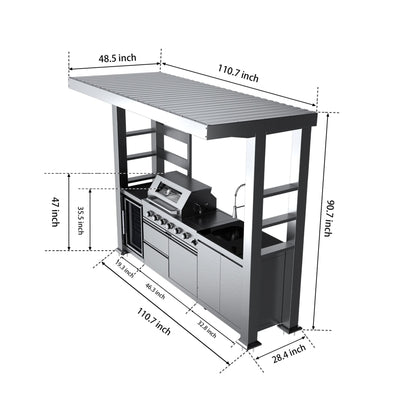 Imperial 110" Stainless Steel Outdoor Kitchen Island with 72,000 BTU 4-Burner Grill, Wine Cooler & Rotisserie