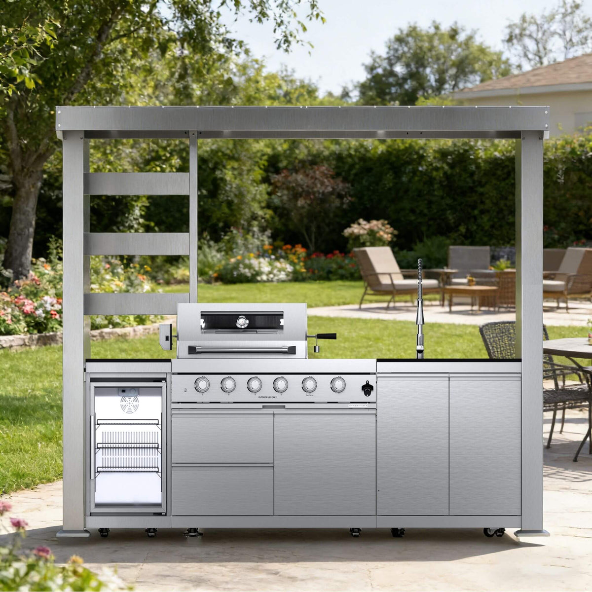 Imperial 110" Stainless Steel Outdoor Kitchen Island with 72,000 BTU 4-Burner Grill, Wine Cooler & Rotisserie