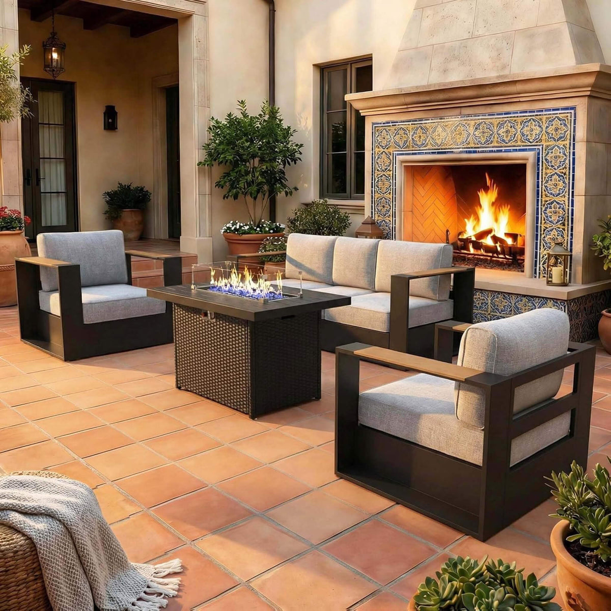 4-Piece Aluminum Outdoor Patio Furniture Set with 55,000 BTU Fire Pit Table