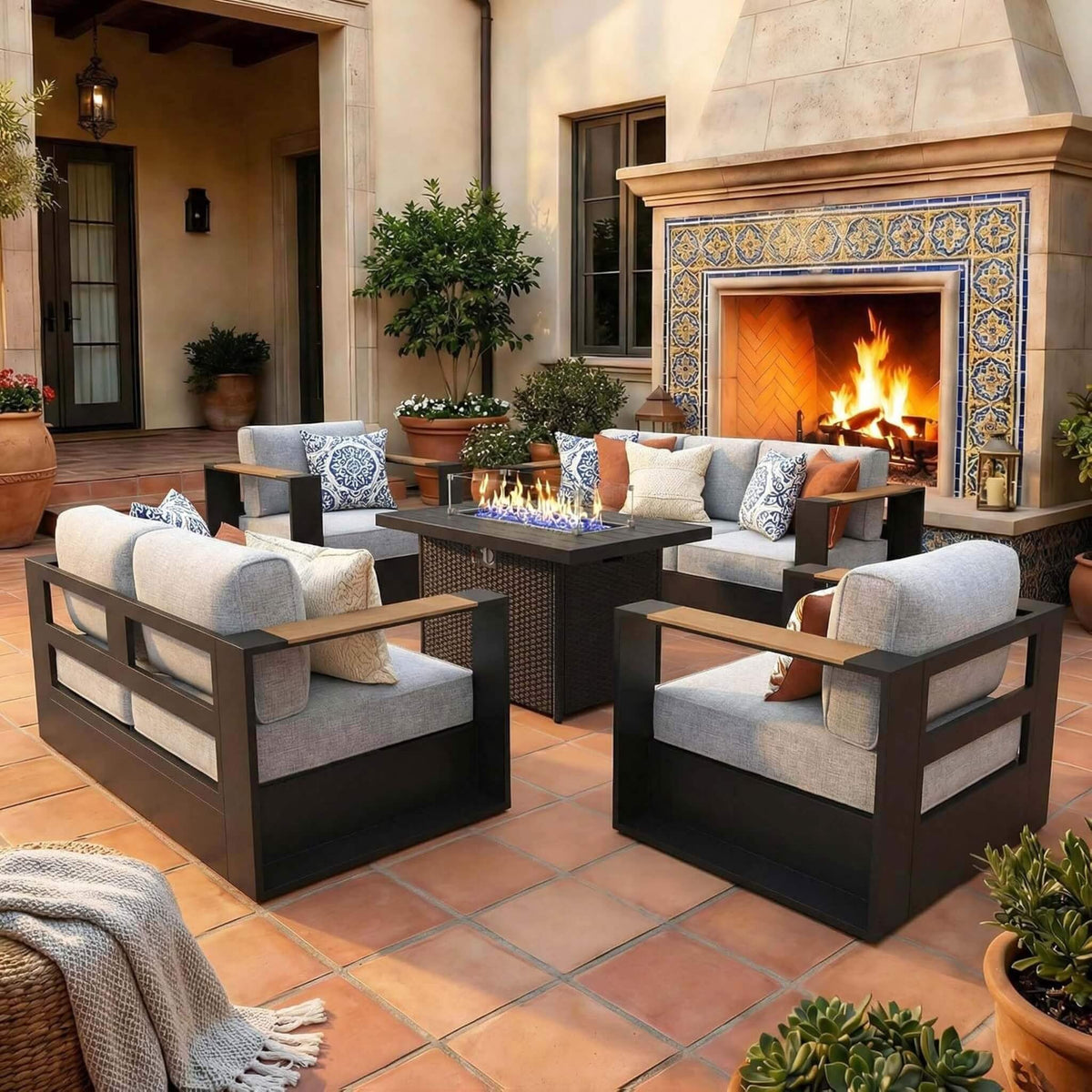 5-Piece Aluminum Outdoor Patio Furniture Set with 55,000 BTU Fire Pit Table