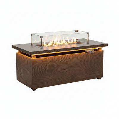 51" Rectangular Propane Fire Pit Table – 50,000 BTU with LED Lights & Brown Woodgrain Finish