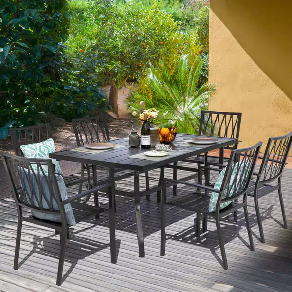 7-Piece Black Iron Outdoor Dining Set with Rectangular Table & 6 Stackable Armchairs
