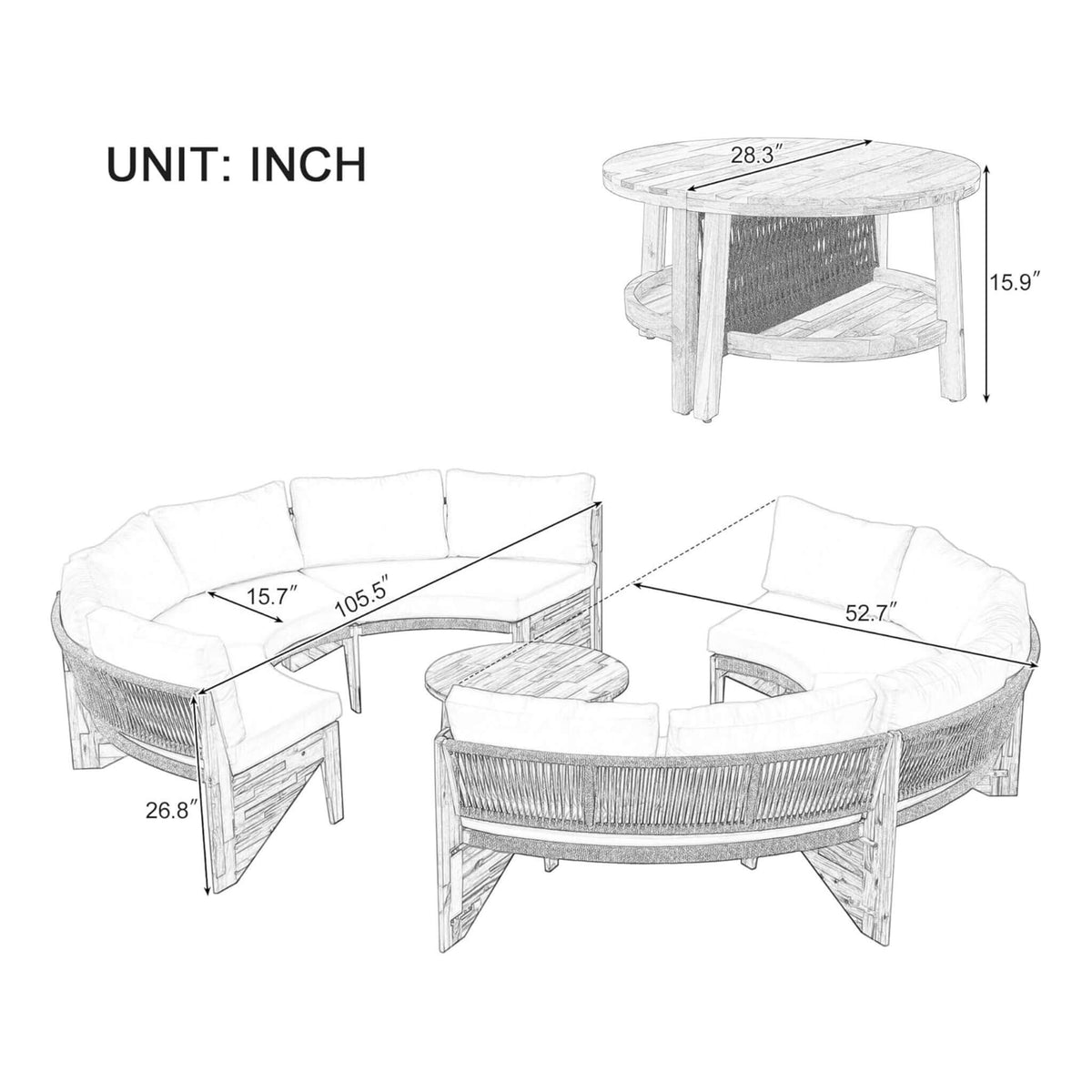 6-Person Half Moon Beige Outdoor Patio Sectional Set with Cushions and Table