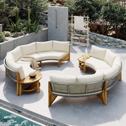 6-Person Half Moon Beige Outdoor Patio Sectional Set with Cushions and Table