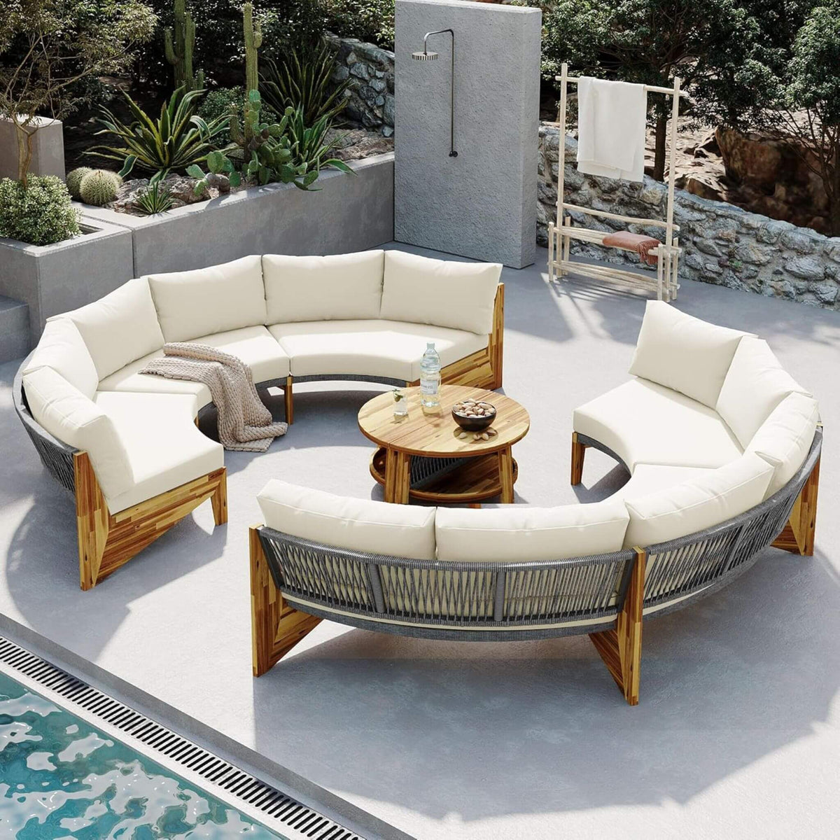 6-Person Half Moon Beige Outdoor Patio Sectional Set with Cushions and Table